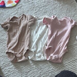 Carters 3M Ribbed Kids One Pieces Set - Pink, Cream floral, and Tan